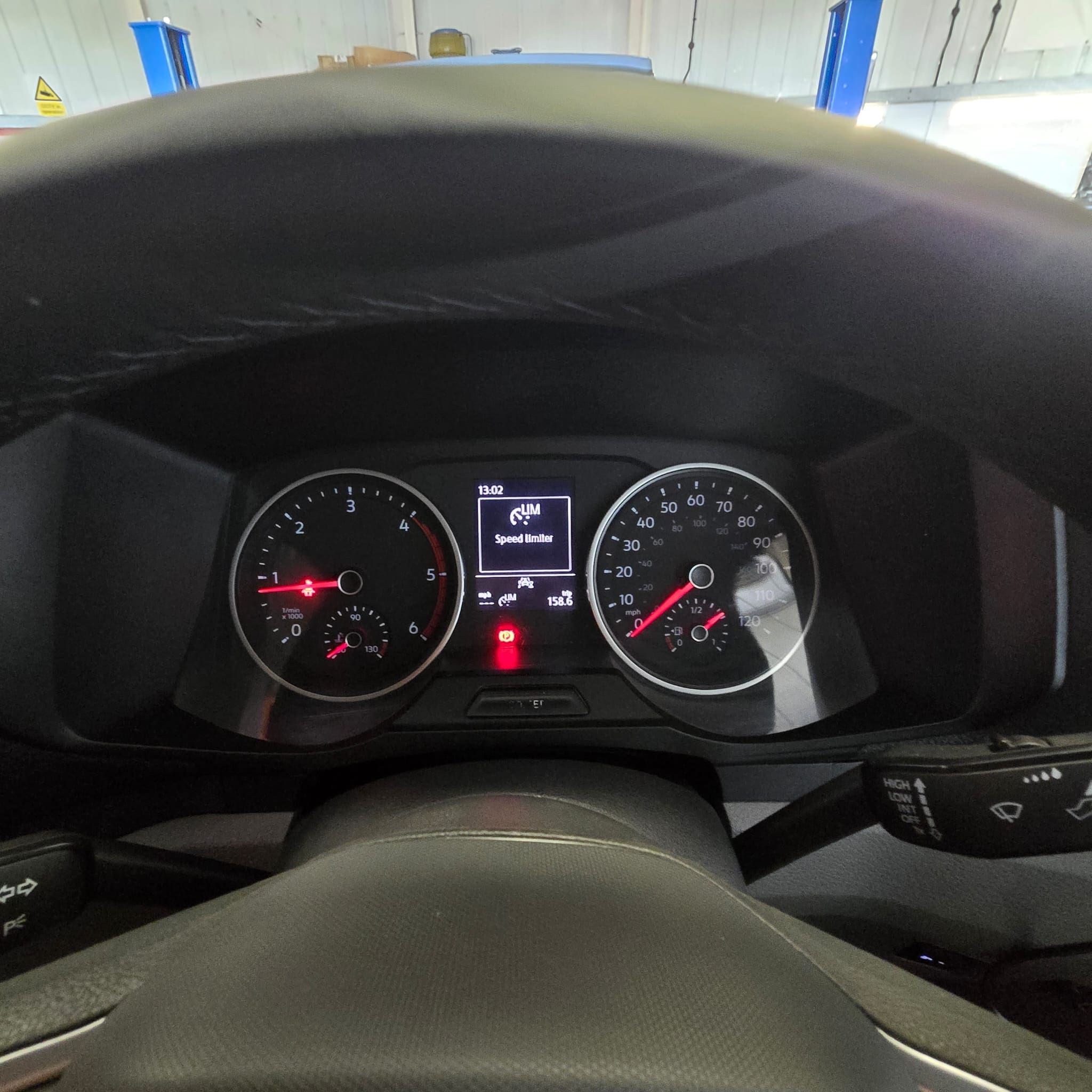 Close view of the updated steering wheel installed in a 2020 VW Crafter cabin