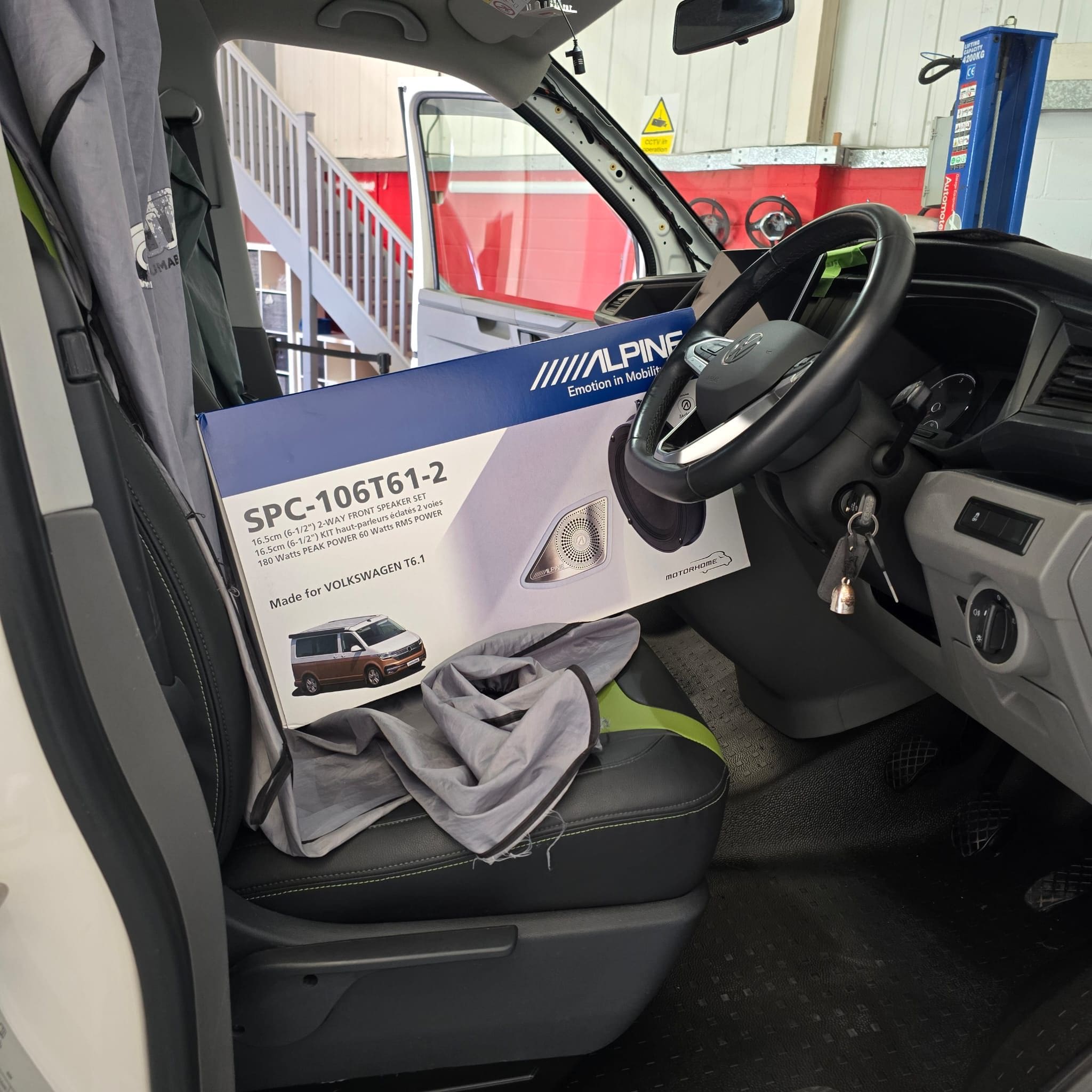 Alpine SPC-106T61-2 custom fit speaker kit installed in a VW T6.1 door for improved audio