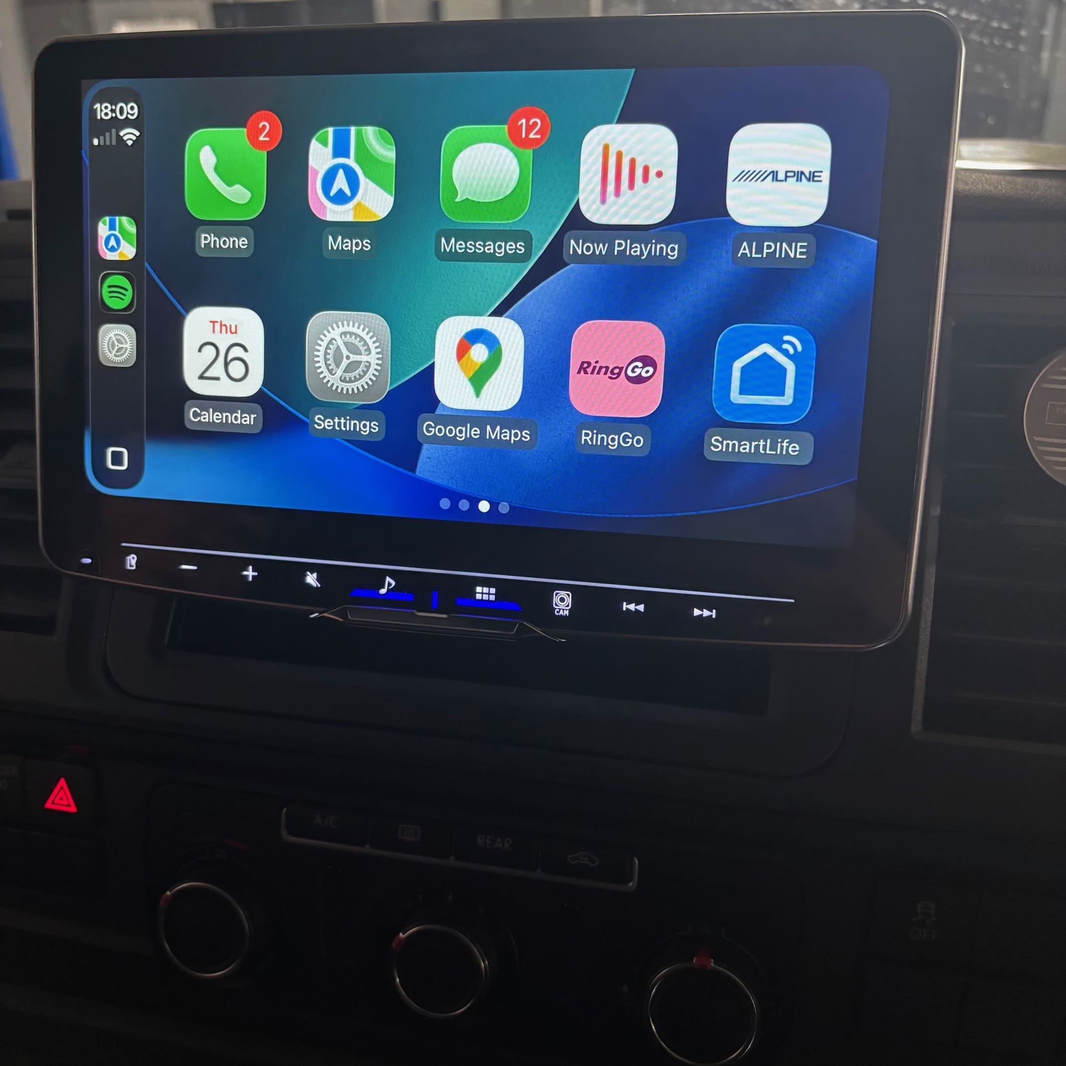 Rear view camera view displayed on the Alpine Halo 9 screen in a VW Transporter