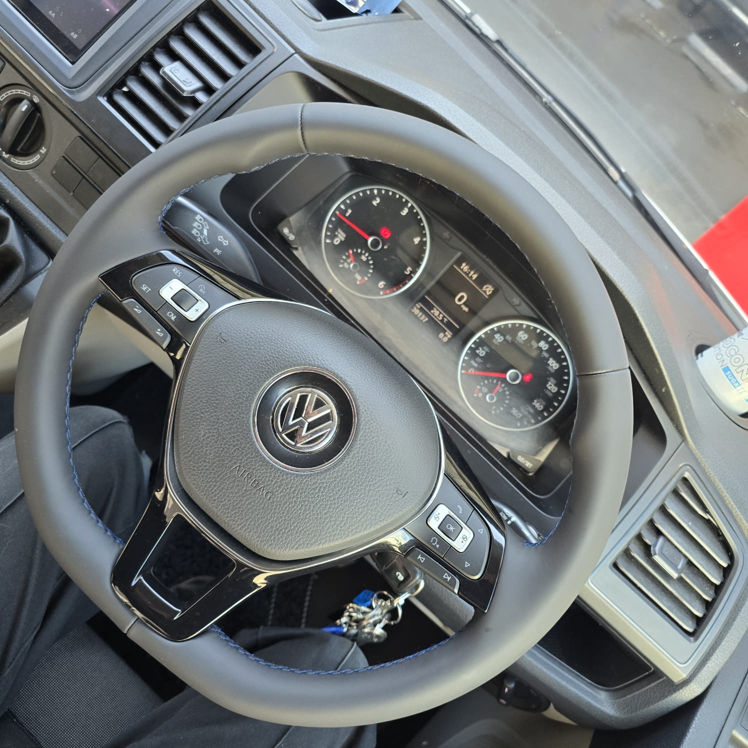 Blue stitch Napa leather steering wheel retrofit with cruise control