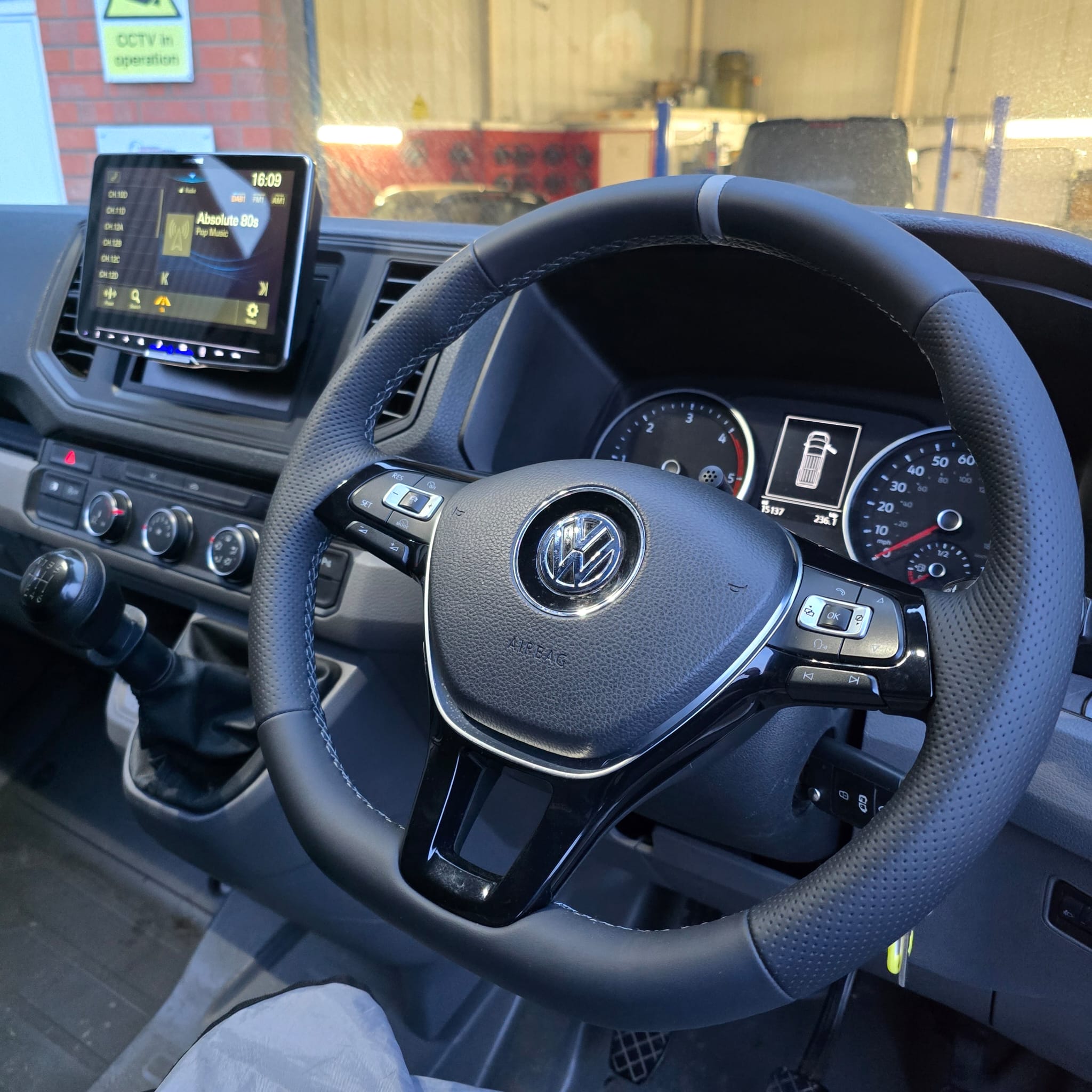 VW Crafter Adaptive Cruise Control retrofit with grey-stitched flat-bottom steering wheel