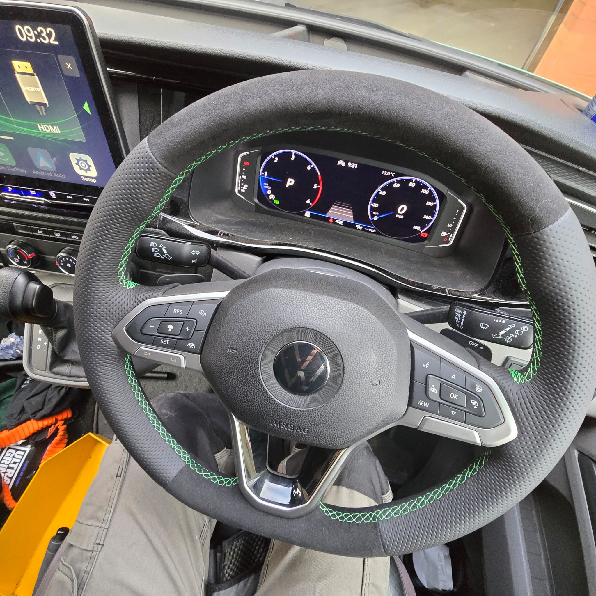 Custom VW T6.1 heated steering wheel with green stitching