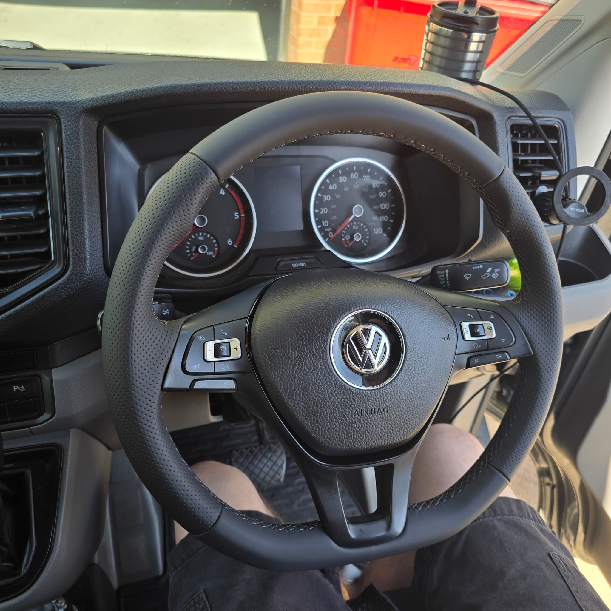 Close-up of genuine leather on VW Crafter steering wheel