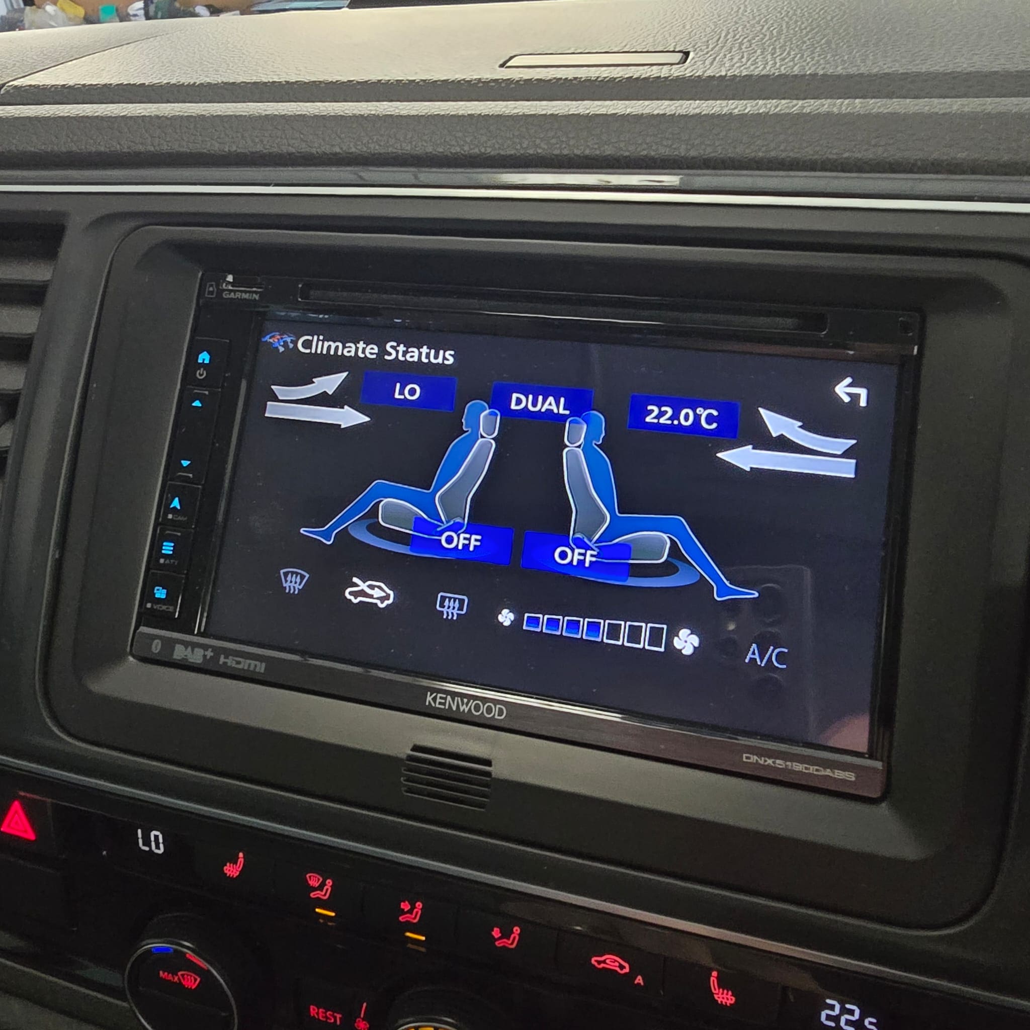Close-up of the Kenwood DNX5190DABS head unit fitted flush in the VW Transporter T6 center dash