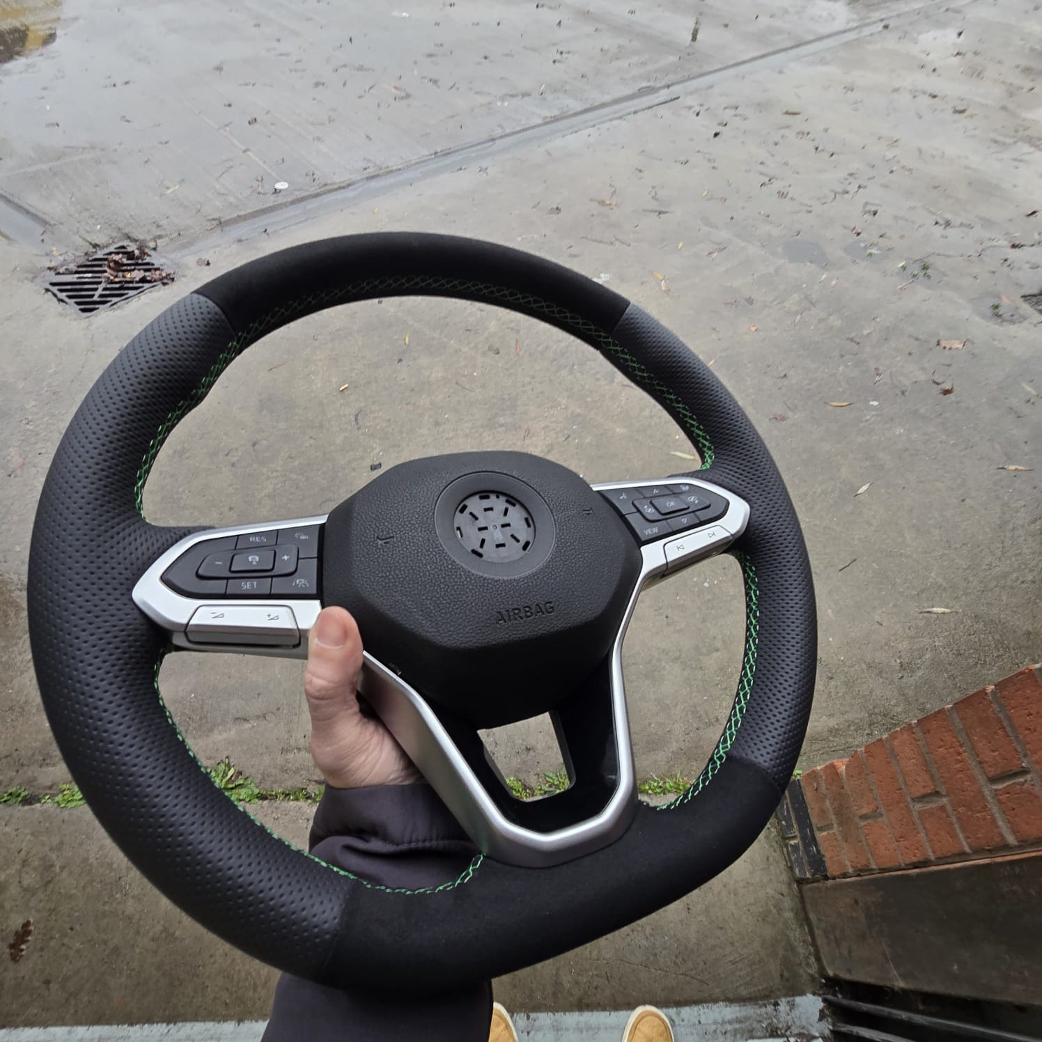 Bay Leaf Green VW T6.1 heated Alcantara steering wheel