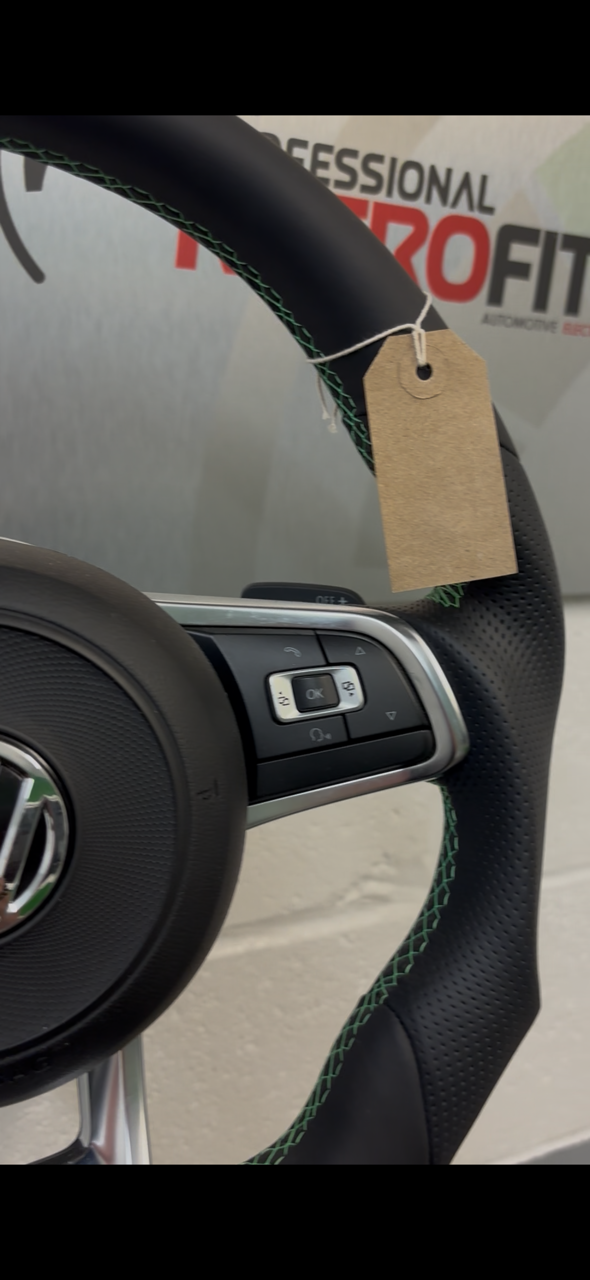 Golf MK7 BadBoy steering wheel UK-made with green stitching and DSG compatibility