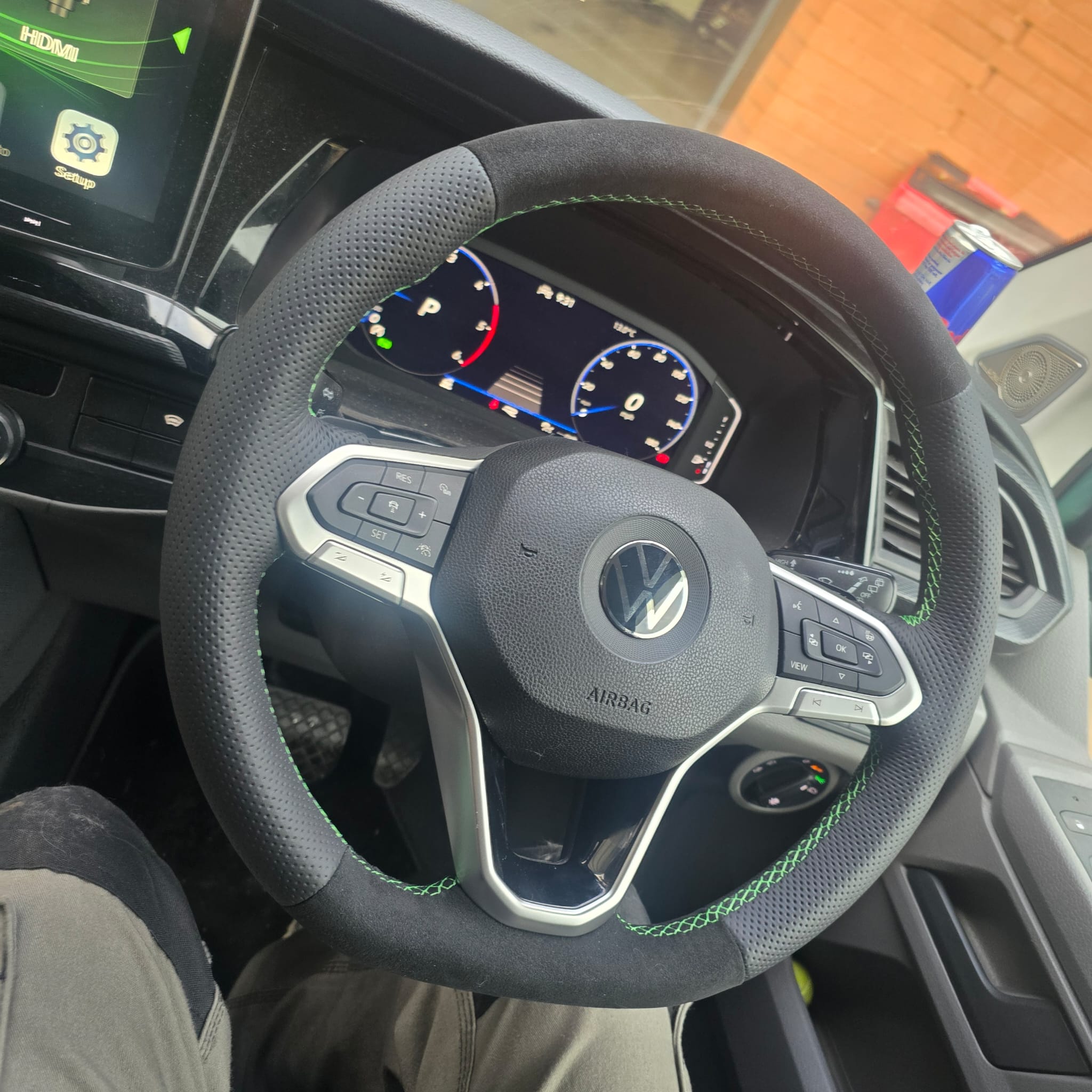 Custom VW T6.1 heated steering wheel retrofit with green stitching