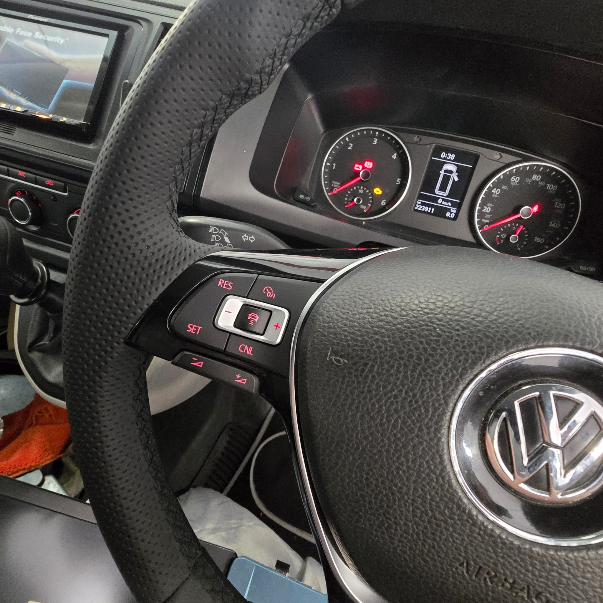 Perforated leather side grip section on a Volkswagen Transporter T6 steering wheel retrim