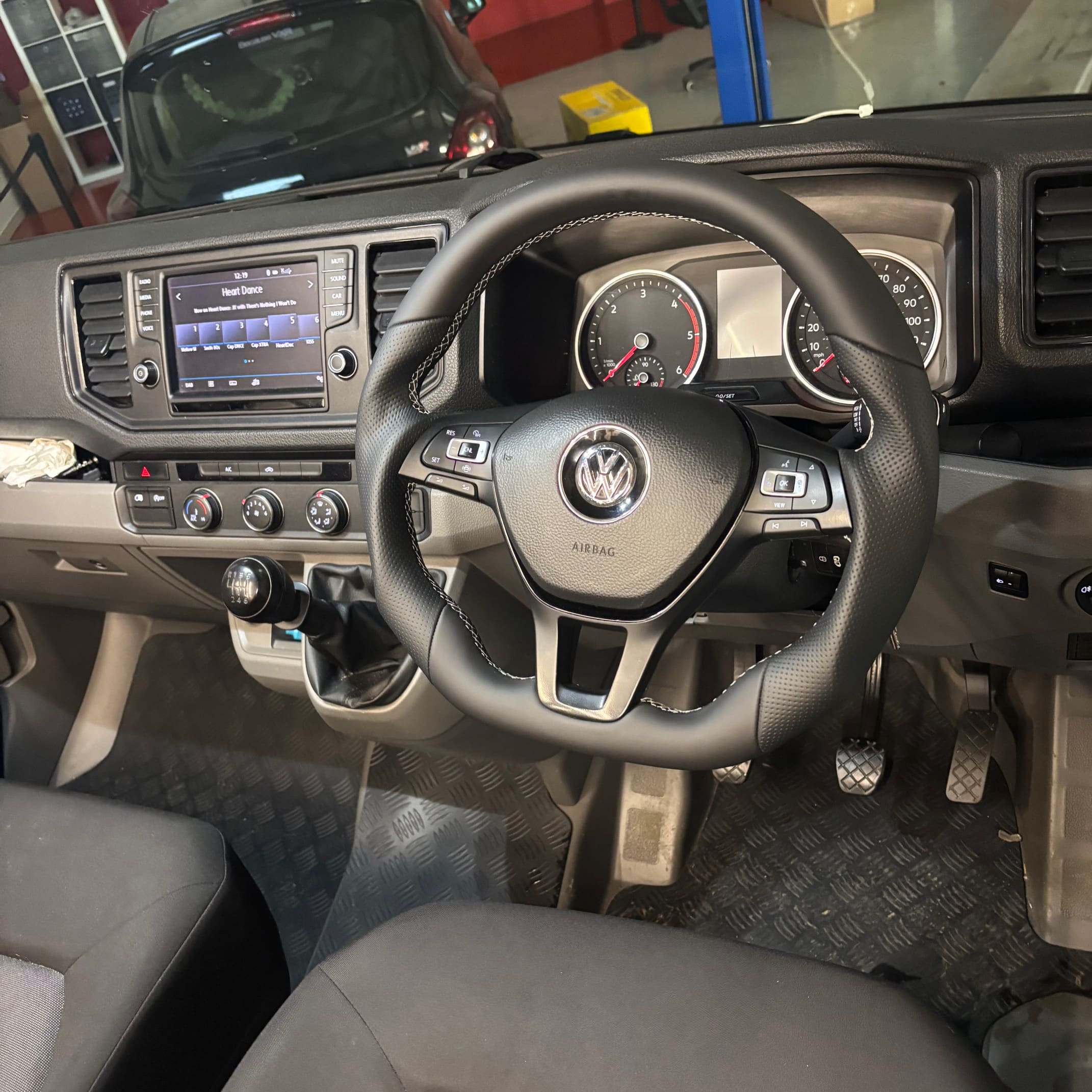 VW Crafter interior with upgraded BadBoy big steering wheel in premium Nappa leather