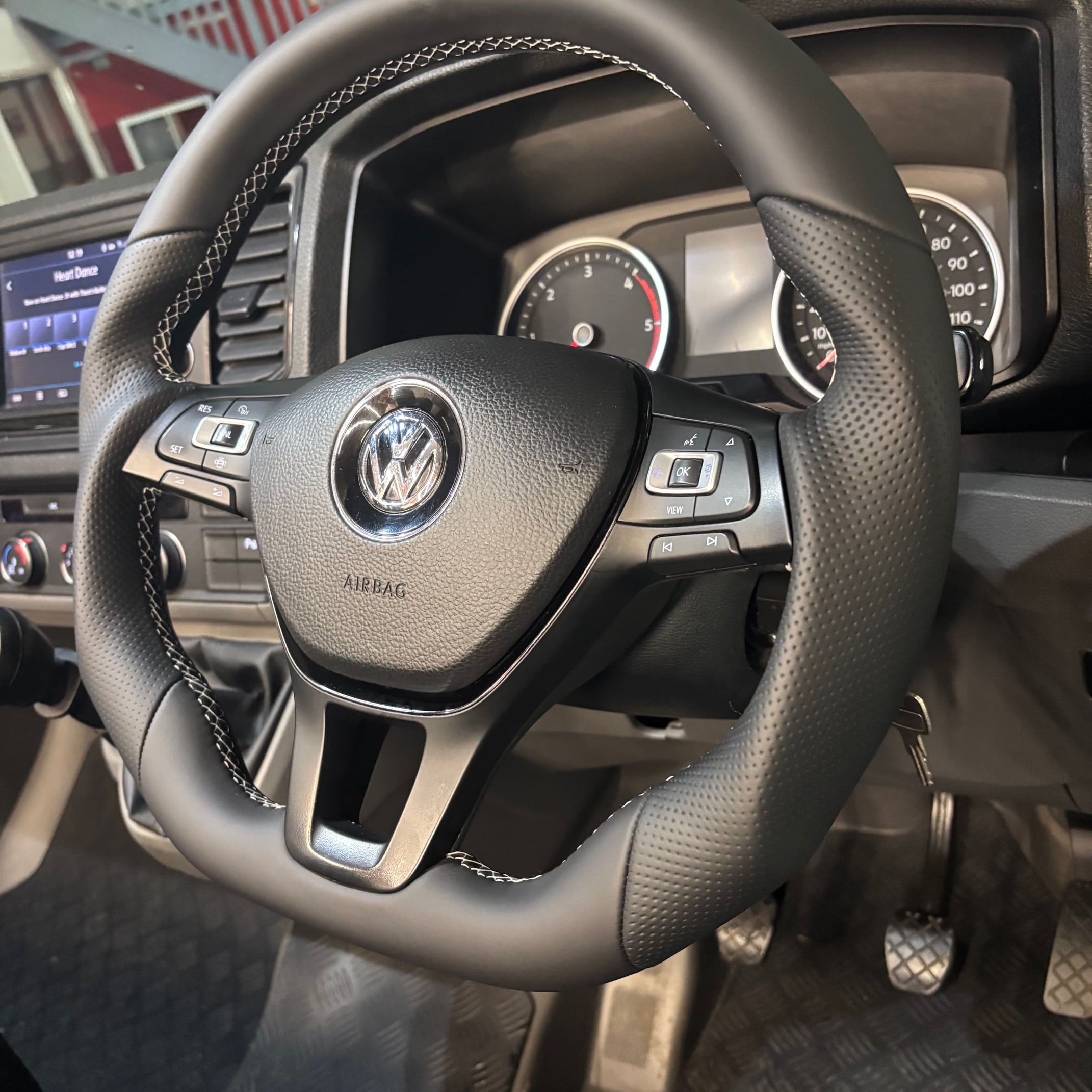 Reshaped steering wheel upgrade fitted to a VW Crafter for improved driver comfort