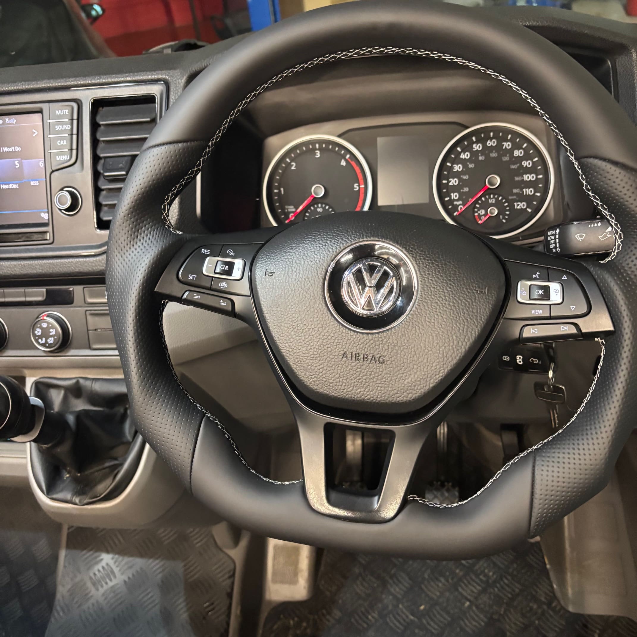 Premium Nappa leather steering wheel retrofit installed in a VW Crafter cab