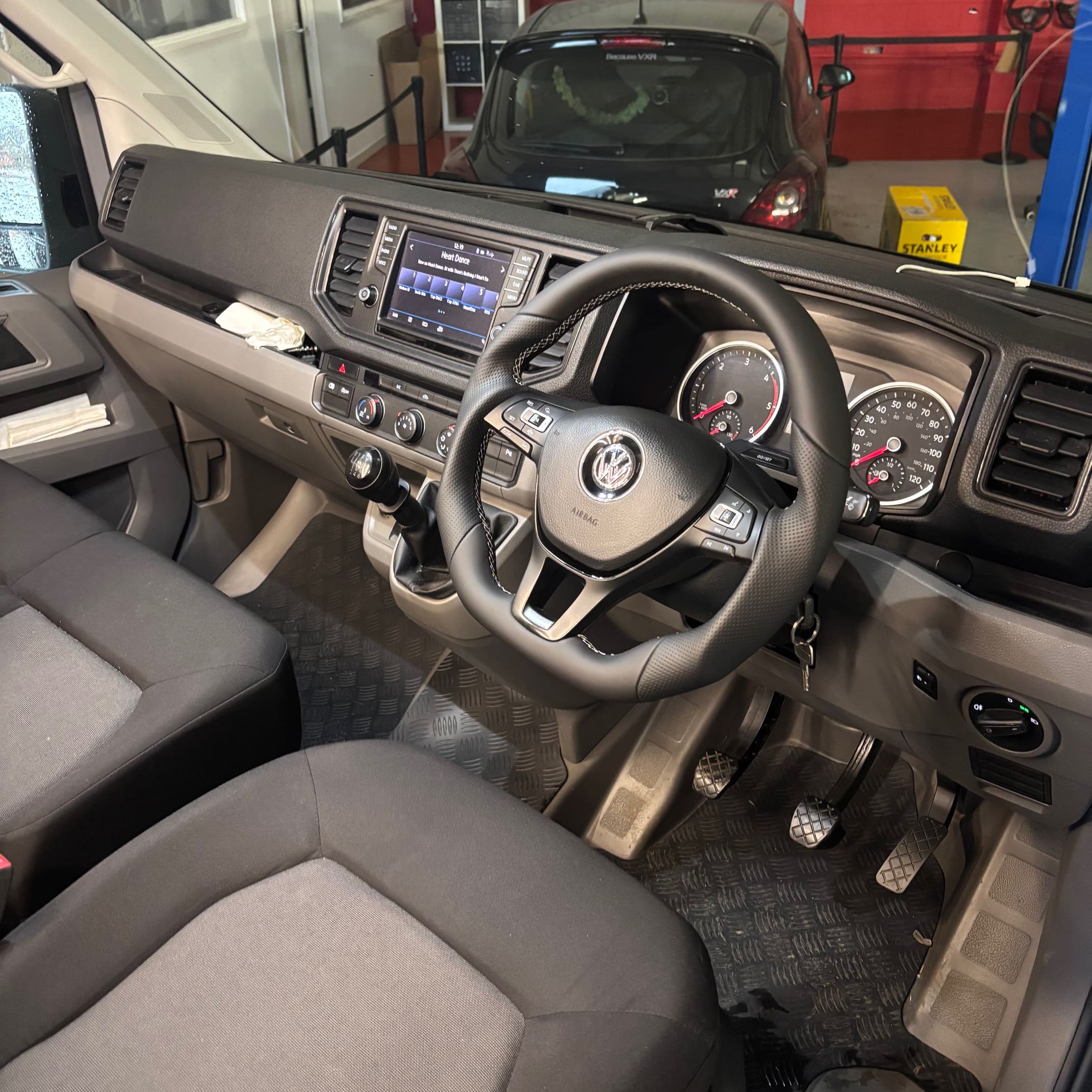 Reshaped BadBoy big steering wheel installed in a VW Crafter cab