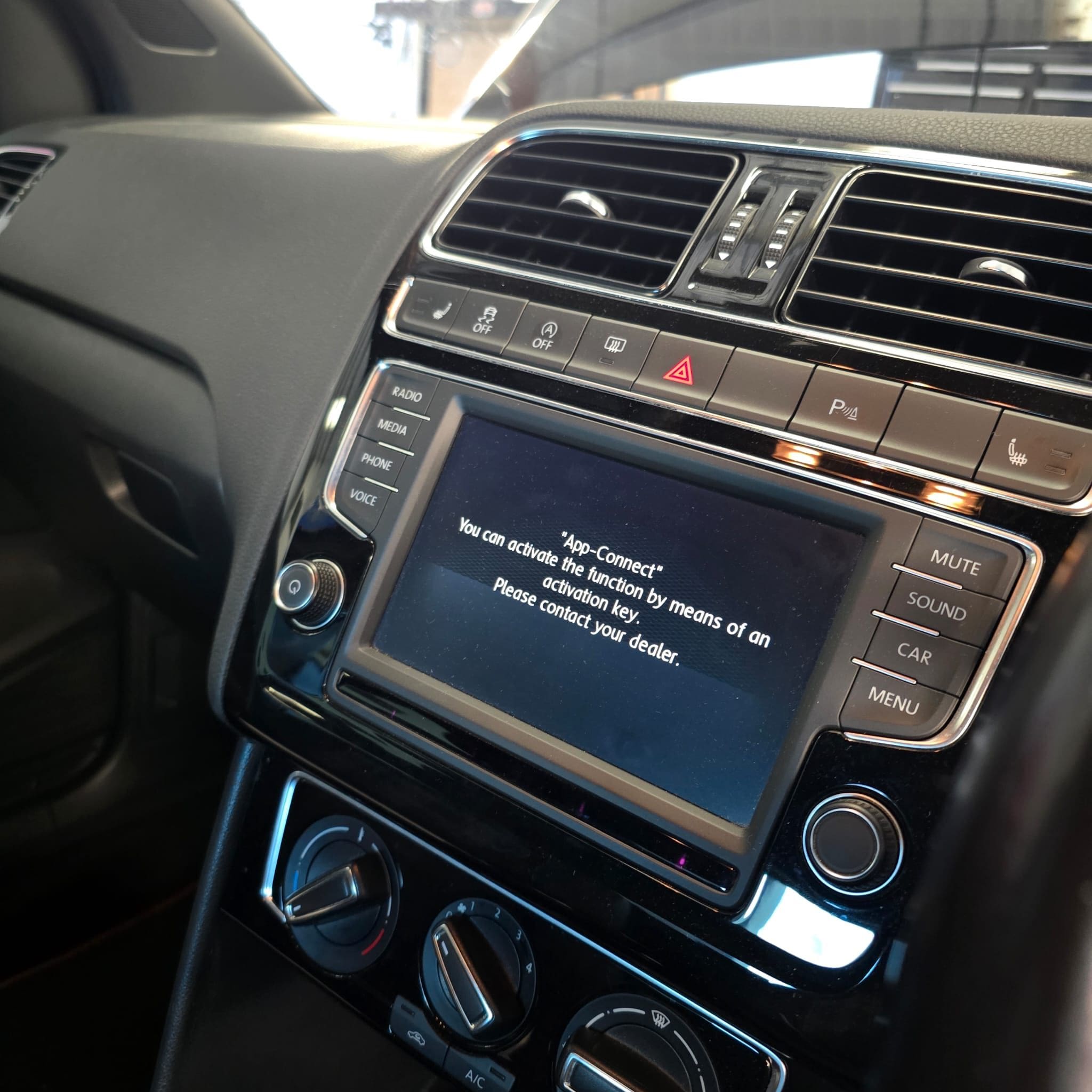VW Polo infotainment screen showing App-Connect available after official activation