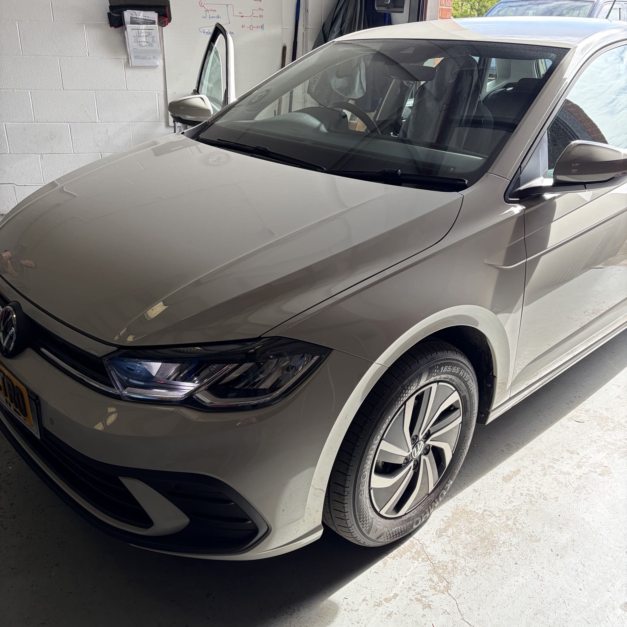 Completed VW Polo AW front parking sensor installation with no extra dash button