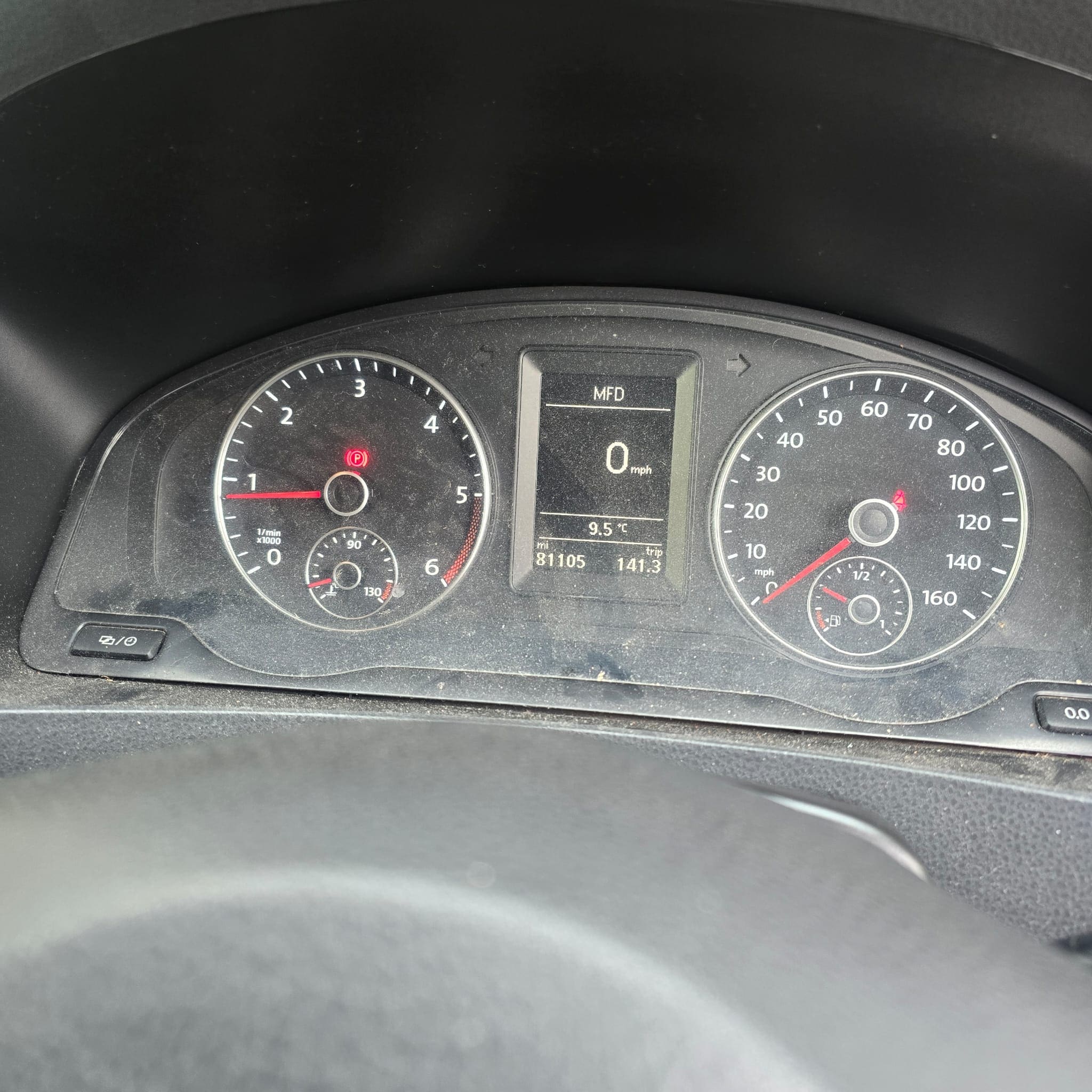 Angled view of VW T5.1 steering wheel retrim highlighting perforated top and nappa leather sections