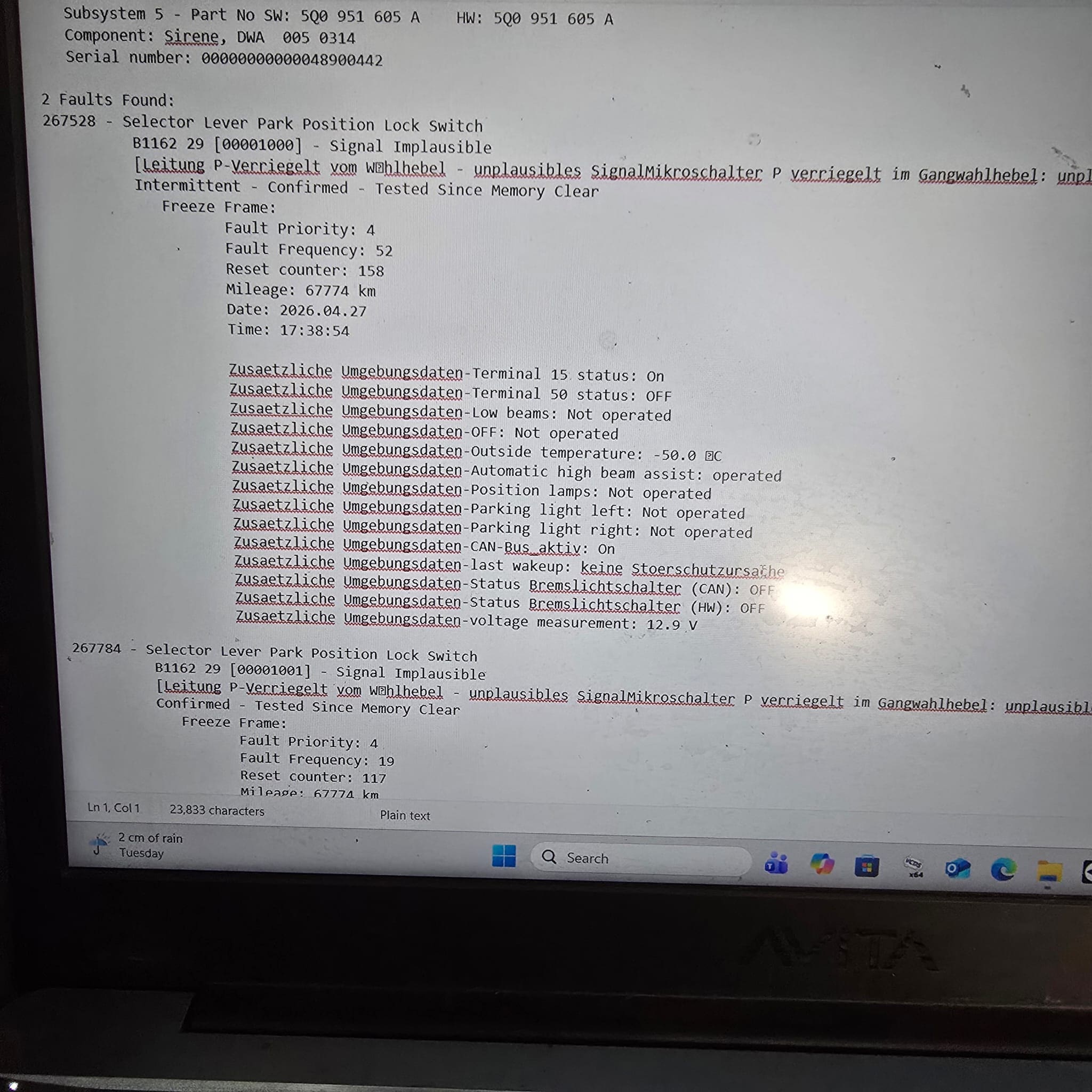 Diagnostic confirmation after VW T6.1 DSG selector repair for position P warning