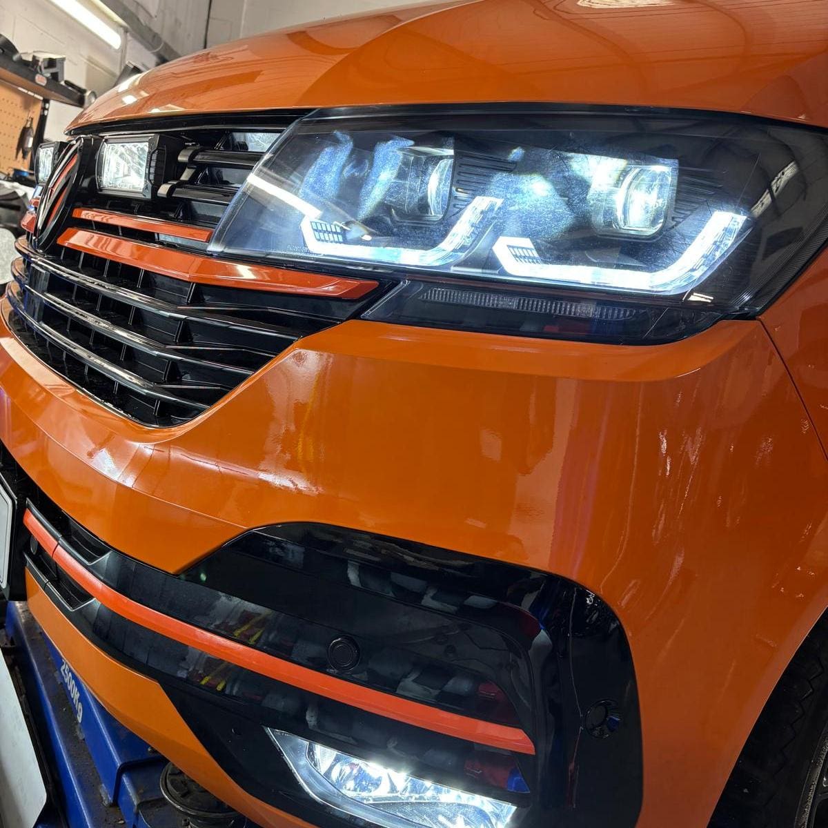 Angled view of VW T6 with Lezer lights fitted for improved road presence