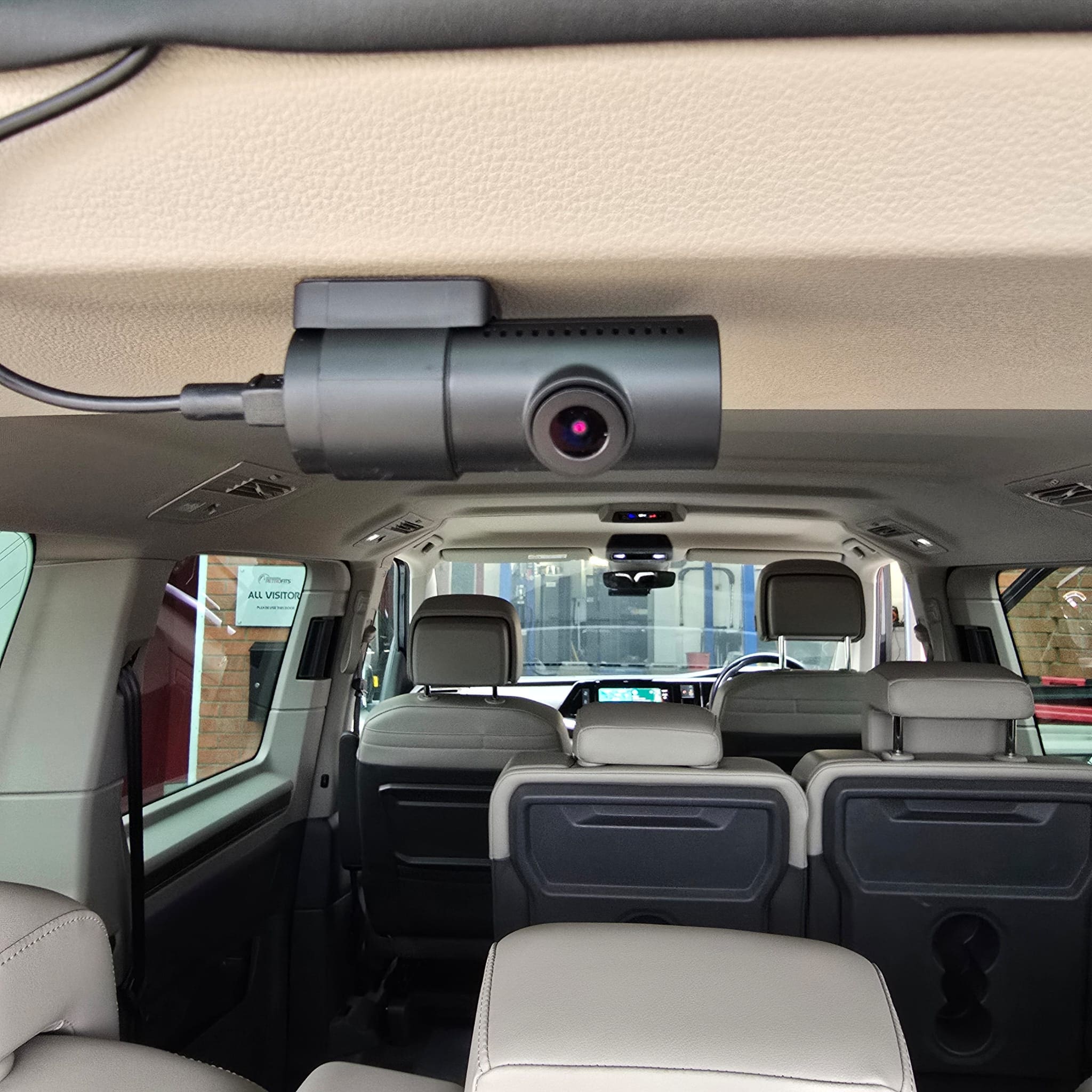 Completed front and rear BlackVue dash cam installation in a Volkswagen T7 Multivan with no visible loose cables