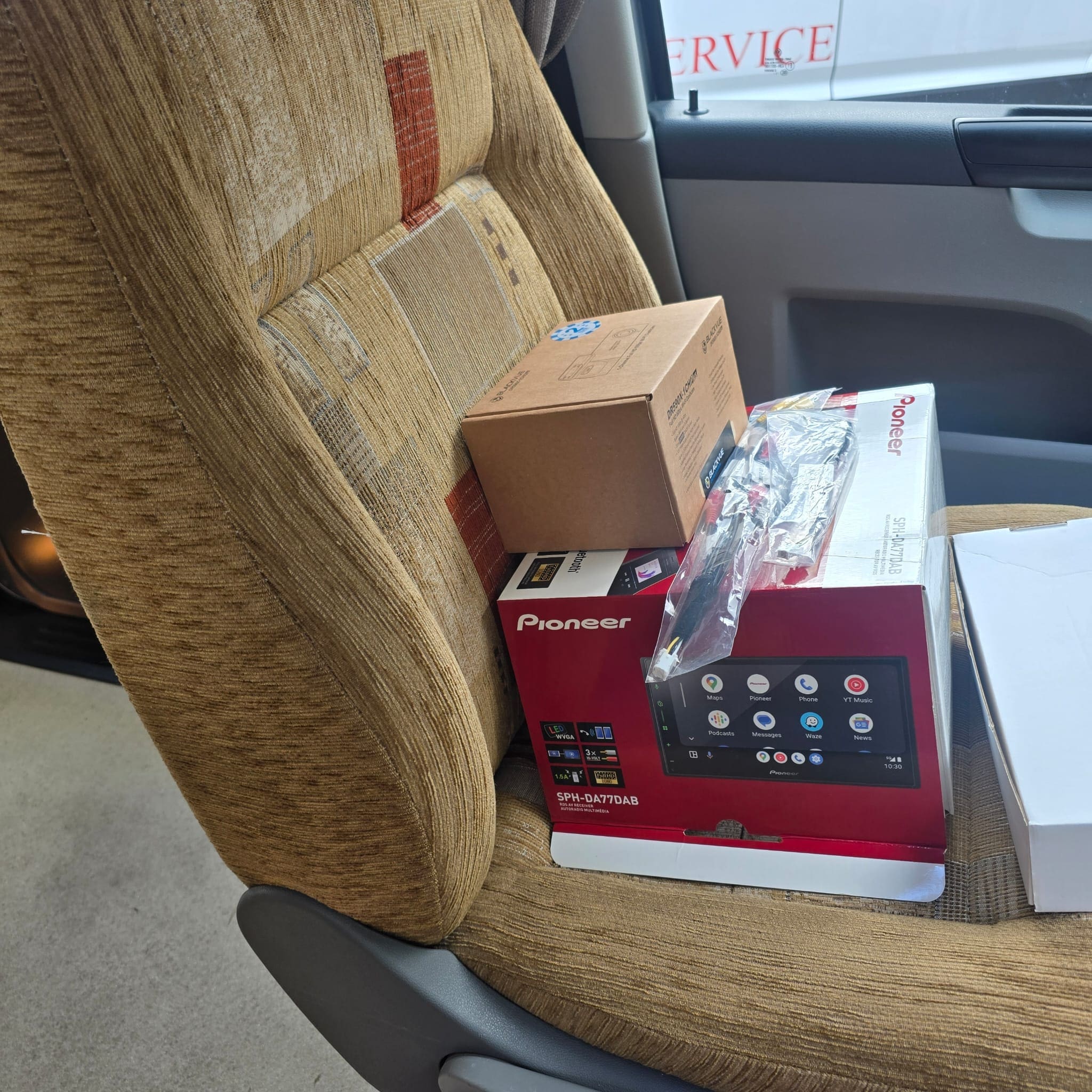 Wiring installation progress on VW Transporter motorhome for Pioneer, rear camera, and BlackVue system