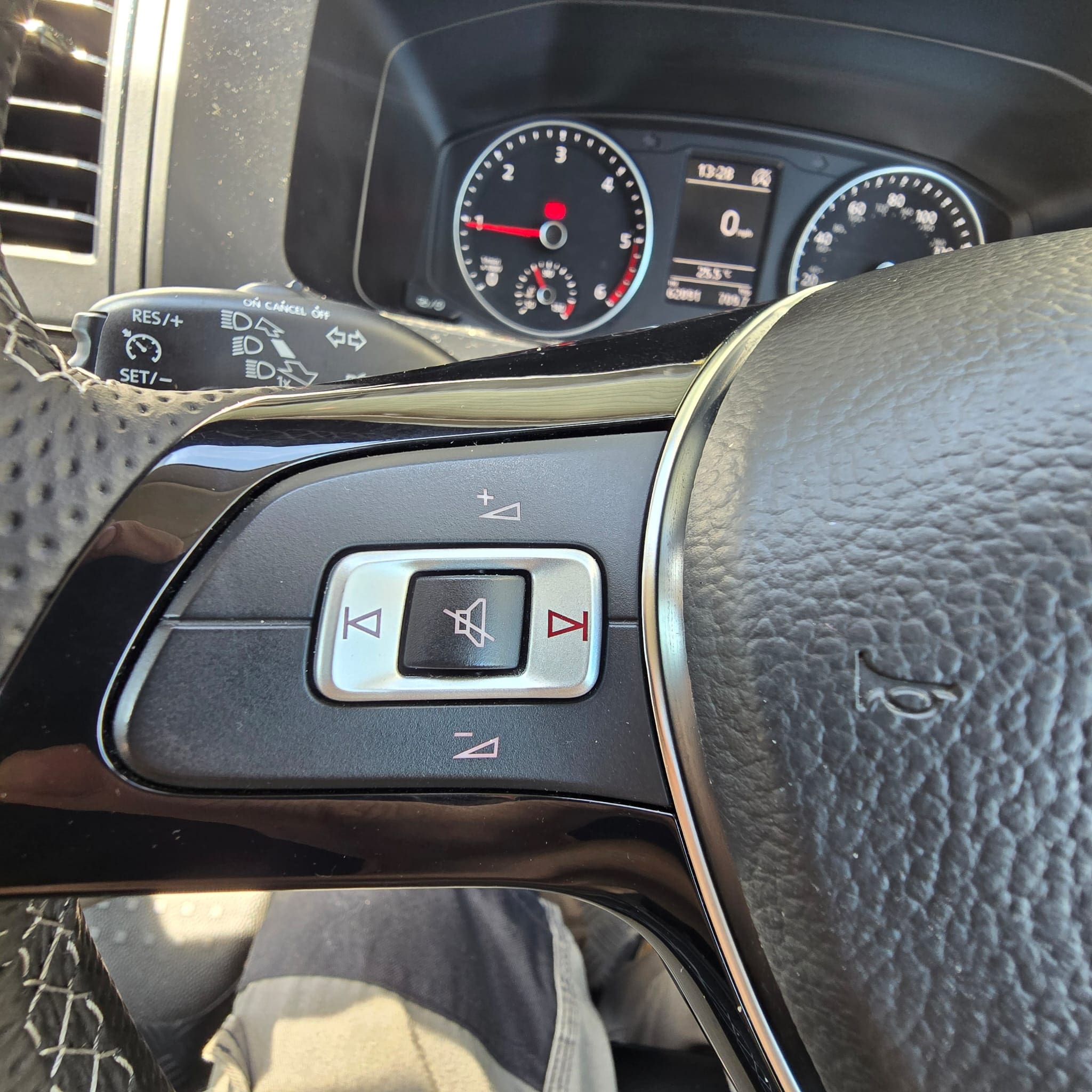 Finished multifunction steering wheel retrofit inside a VW Transporter cabin