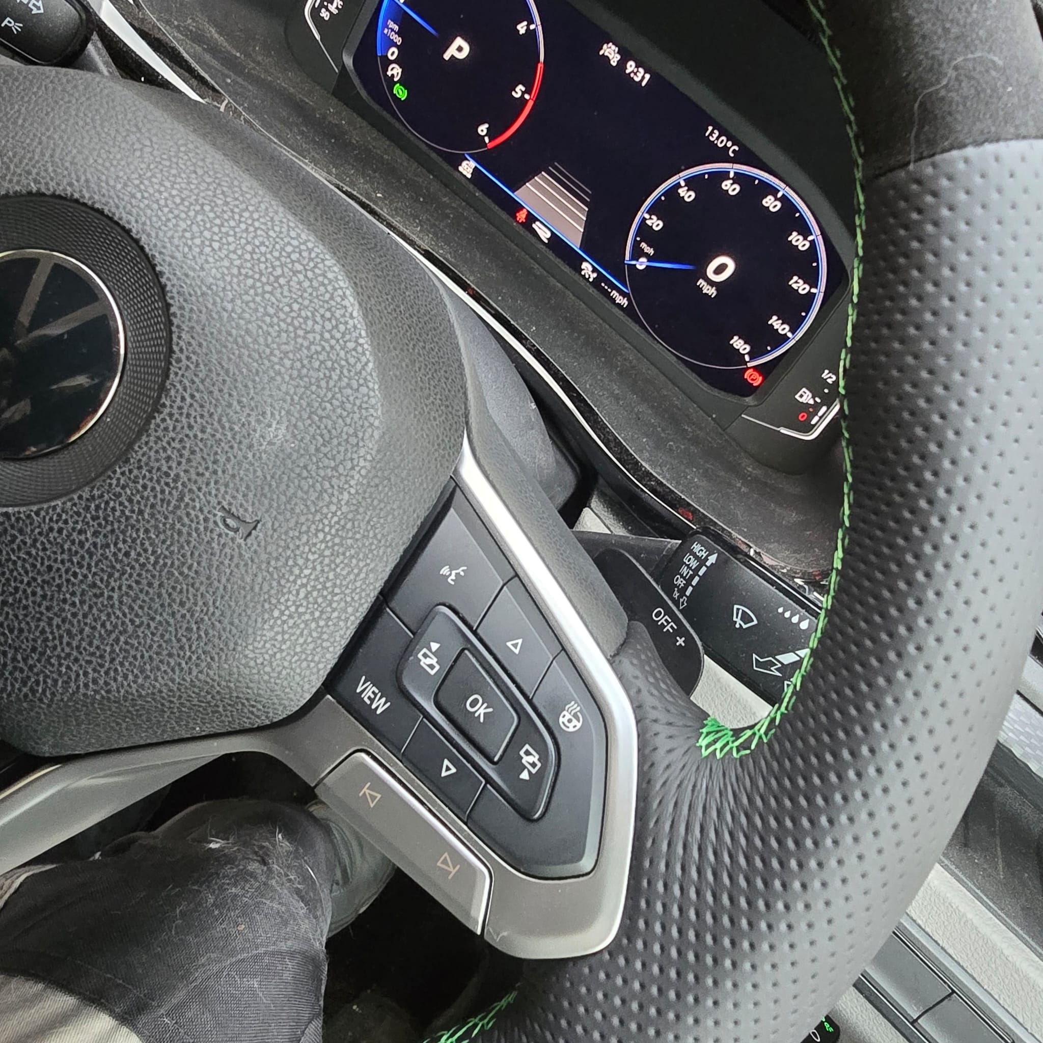 Green stitched heated steering wheel in VW Transporter T6.1