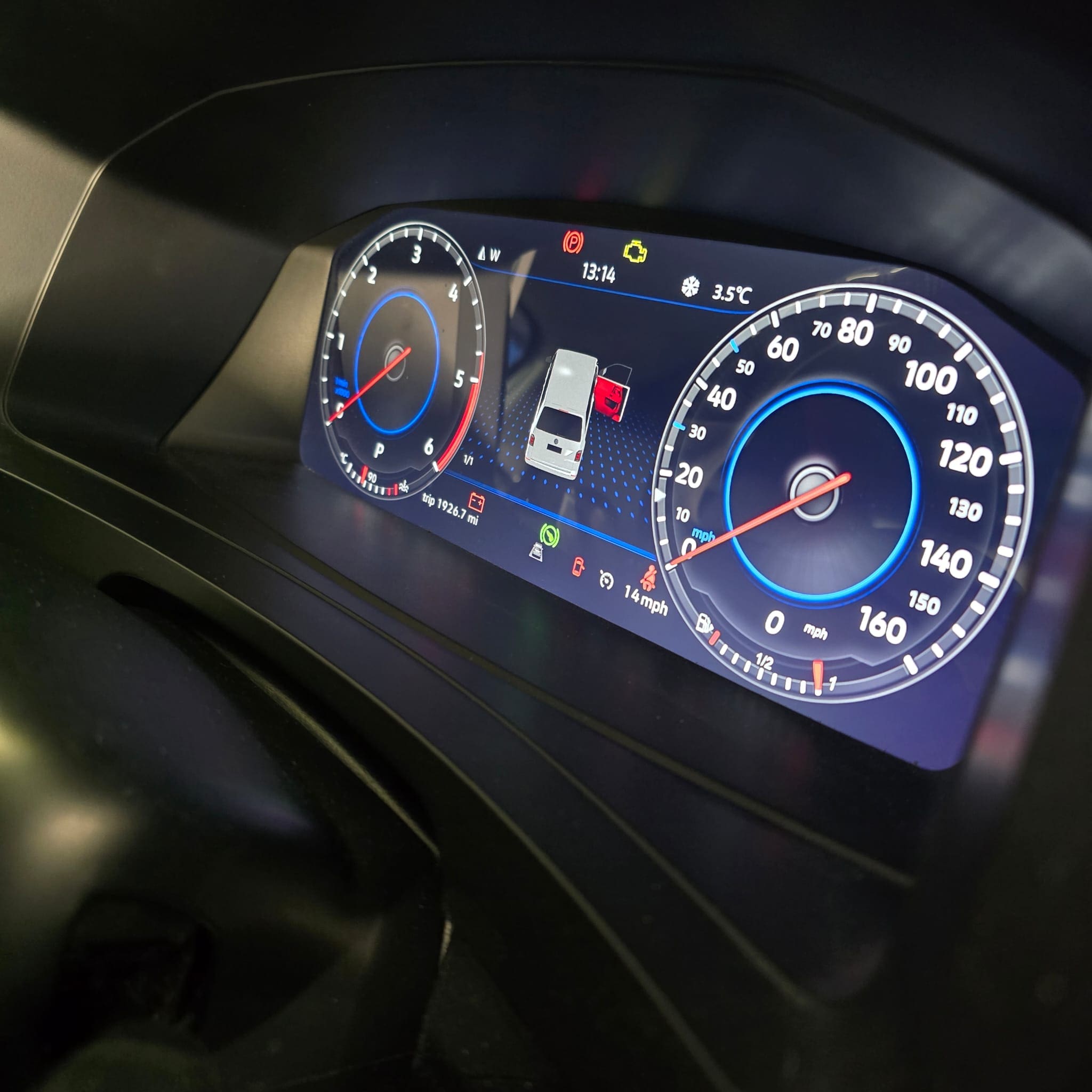 VW T6 steering wheel retrofit with Mk7 Golf carbon fibre wheel, black stitching, blue 12 o'clock marker, new 1K0 cruise buttons and working DSG paddles