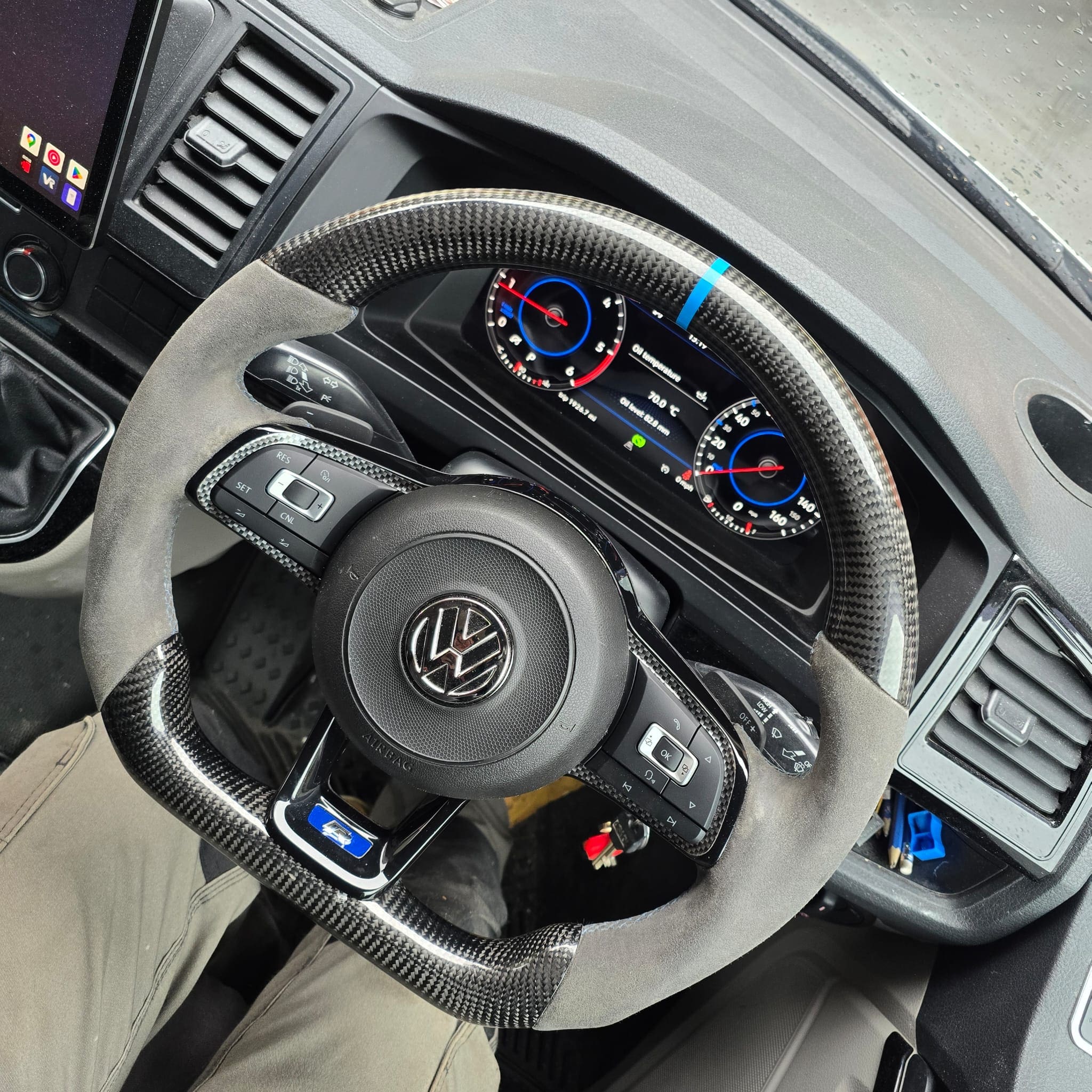 Volkswagen Transporter T6 carbon fibre steering wheel upgrade with new 1K0 cruise buttons and DSG paddles working after coding and diagnostics