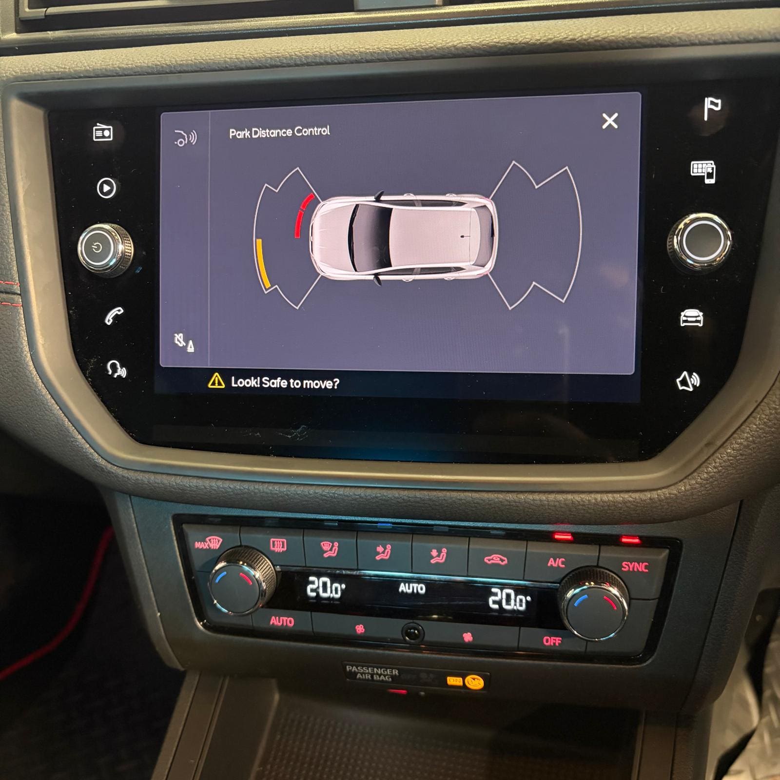 OEM parking sensor display shown on the Seat Ibiza factory stereo after coding and testing