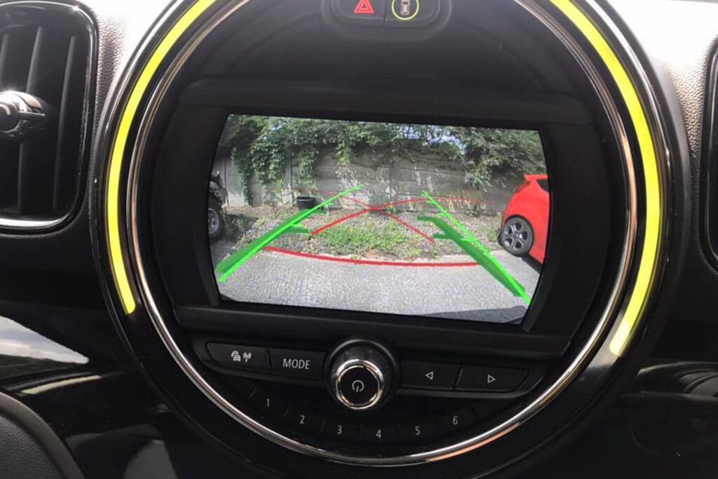 MINI Cooper reverse camera retrofit integrated into factory display
