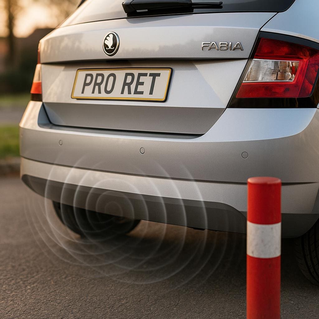 Škoda Fabia with rear parking sensors installation on display
