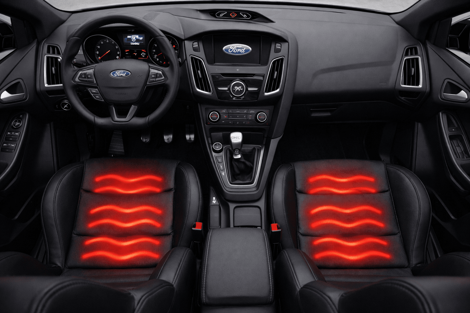 Ford Focus ST interior with both front seats showing active heated seat elements