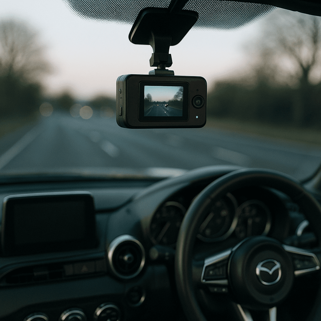Mazda MX-5 Dash Cam fitting by professional in garage.
