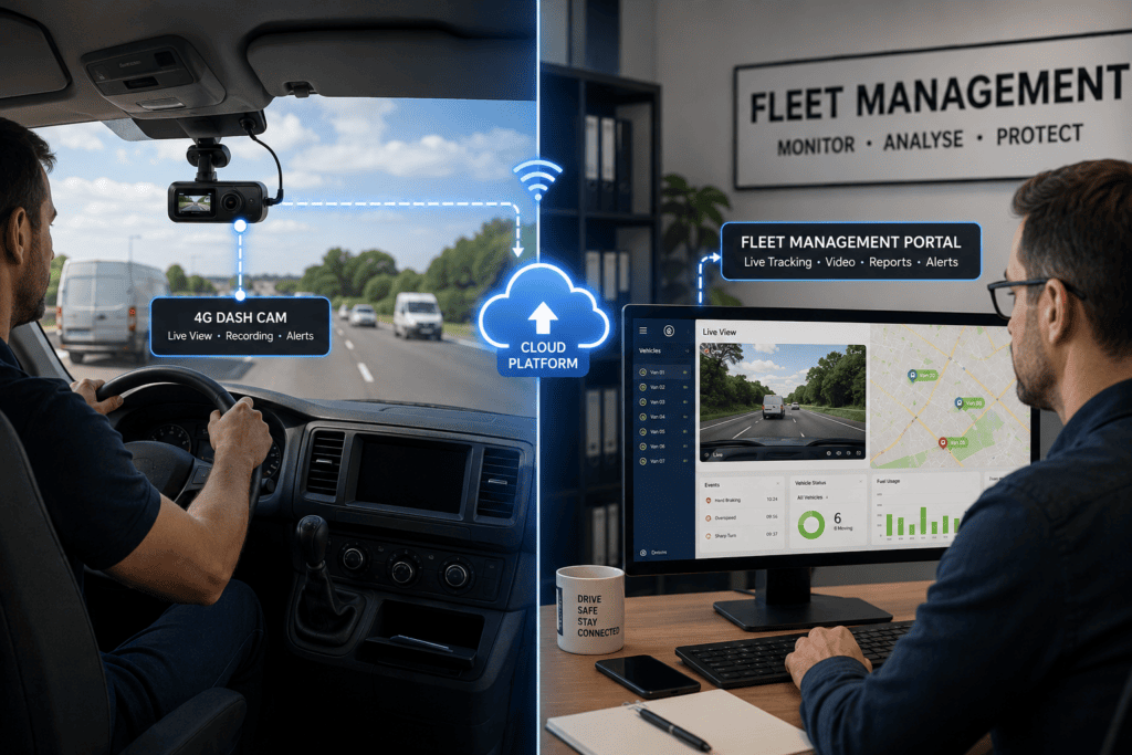Fleet management dashboard displaying live vehicle locations, driver data and GPS tracking.