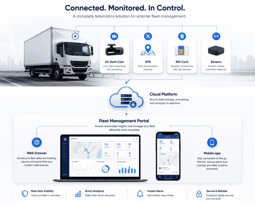 Mobile fleet tracking app showing live GPS locations and vehicle status.