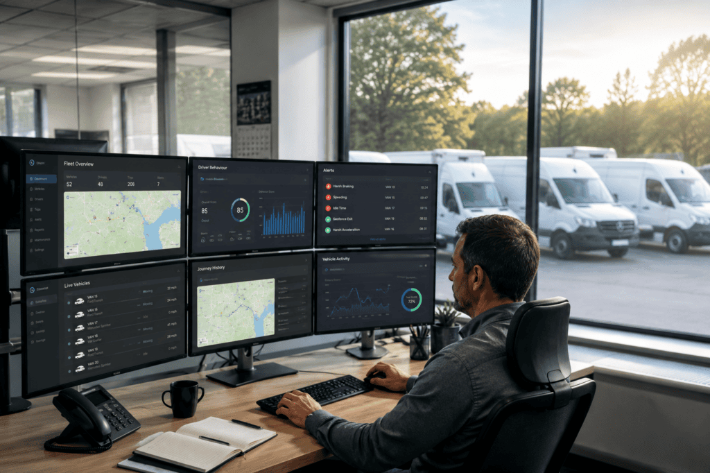 Fleet manager monitoring commercial vehicles using a live GPS fleet management dashboard with multiple screens in a modern office.