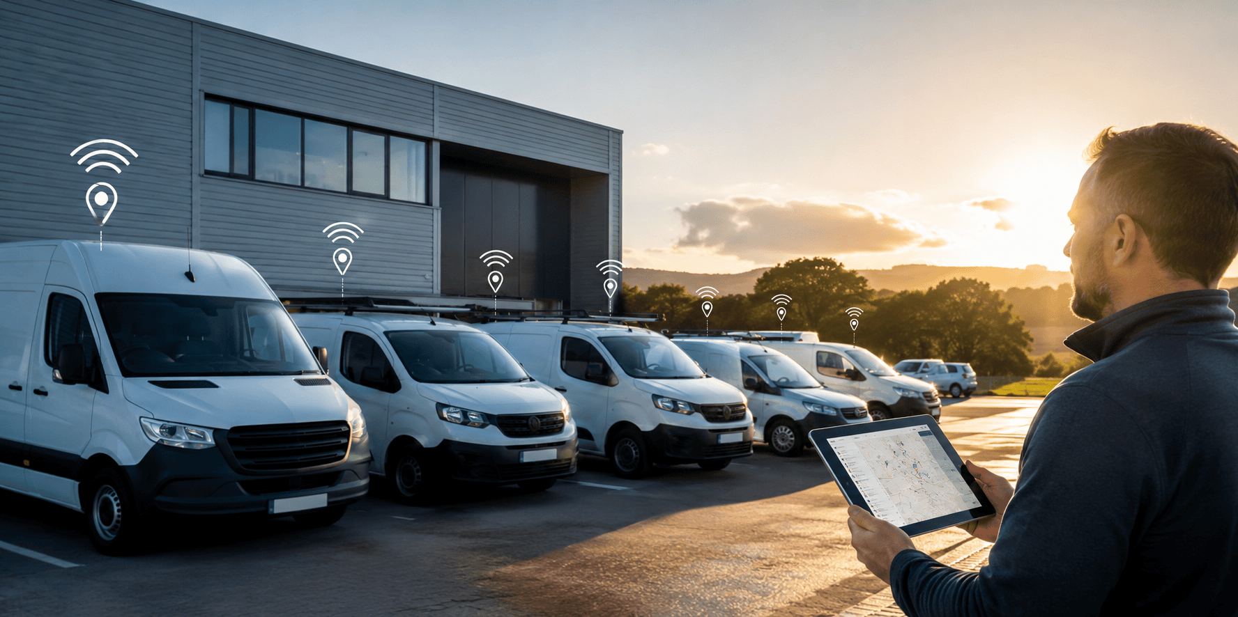 Business owner using a tablet to monitor a fleet of GPS-tracked commercial vans outside modern business premises.