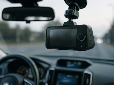 Subaru Impreza dash cam fitting on windshield with cityscape view.