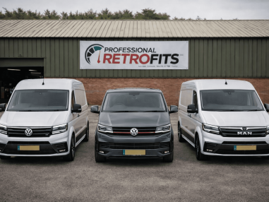 VW Crafter, VW T6.1 and MAN TGE vans parked outside Professional Retrofits workshop in the Midlands – OEM vehicle retrofits Midlands